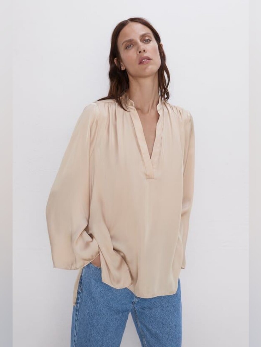 Zara Champagne Gold Satin V-Neck Long Sleeve Blouse